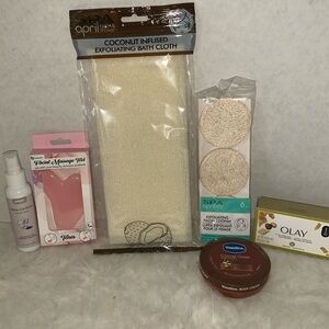 Bundle skin care, bath cloth, facial loofah, facial massage tool, bar soap.